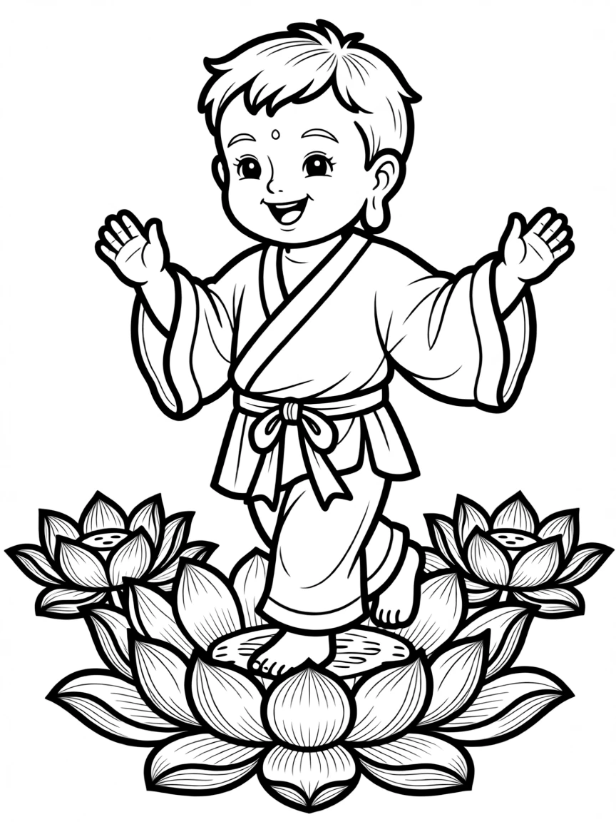 Baby Buddha taking first steps with lotus flowers blooming beneath feet