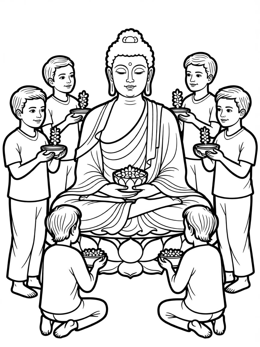 Buddha with alms bowl surrounded by offering devotees