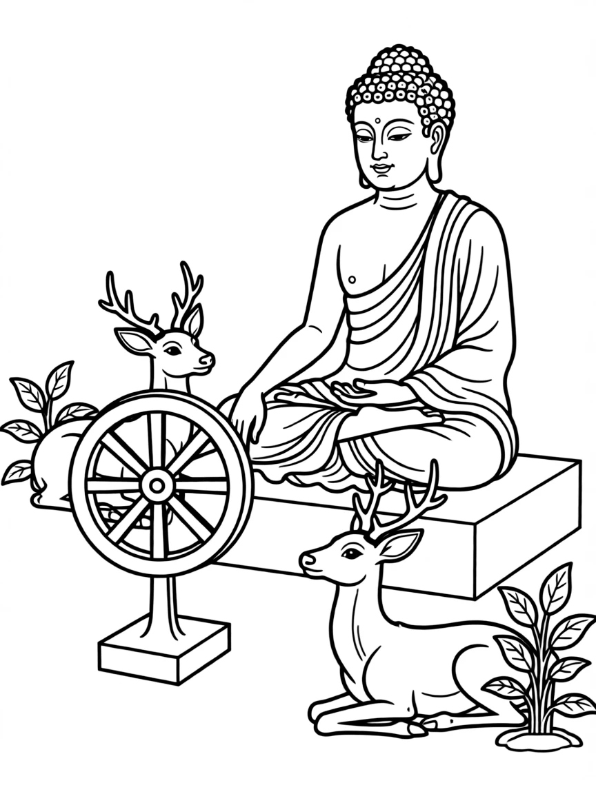 Buddha teaching first sermon with dharma wheel and deer listeners
