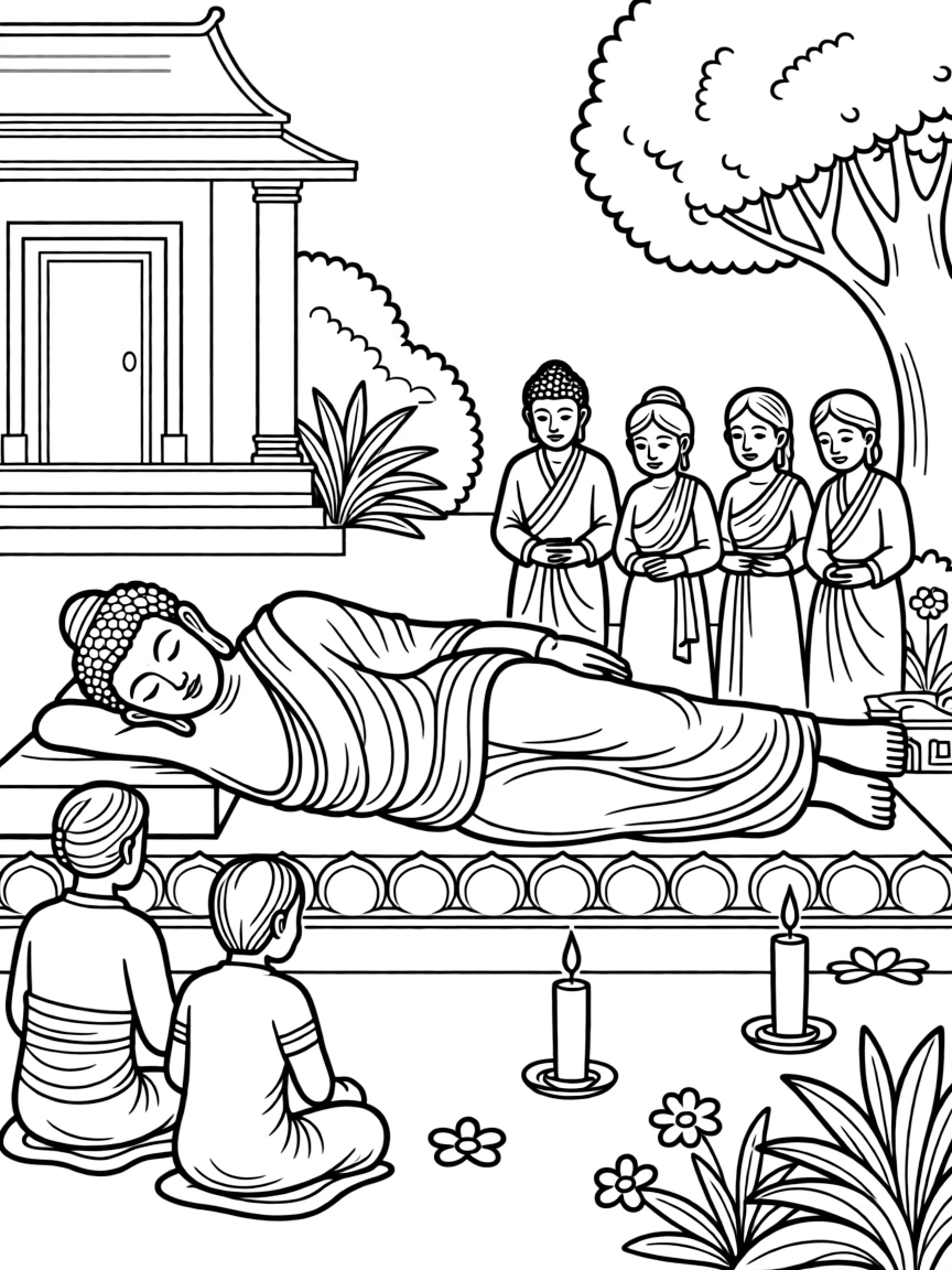 Buddha parinirvana scene with mourners and detailed surroundings