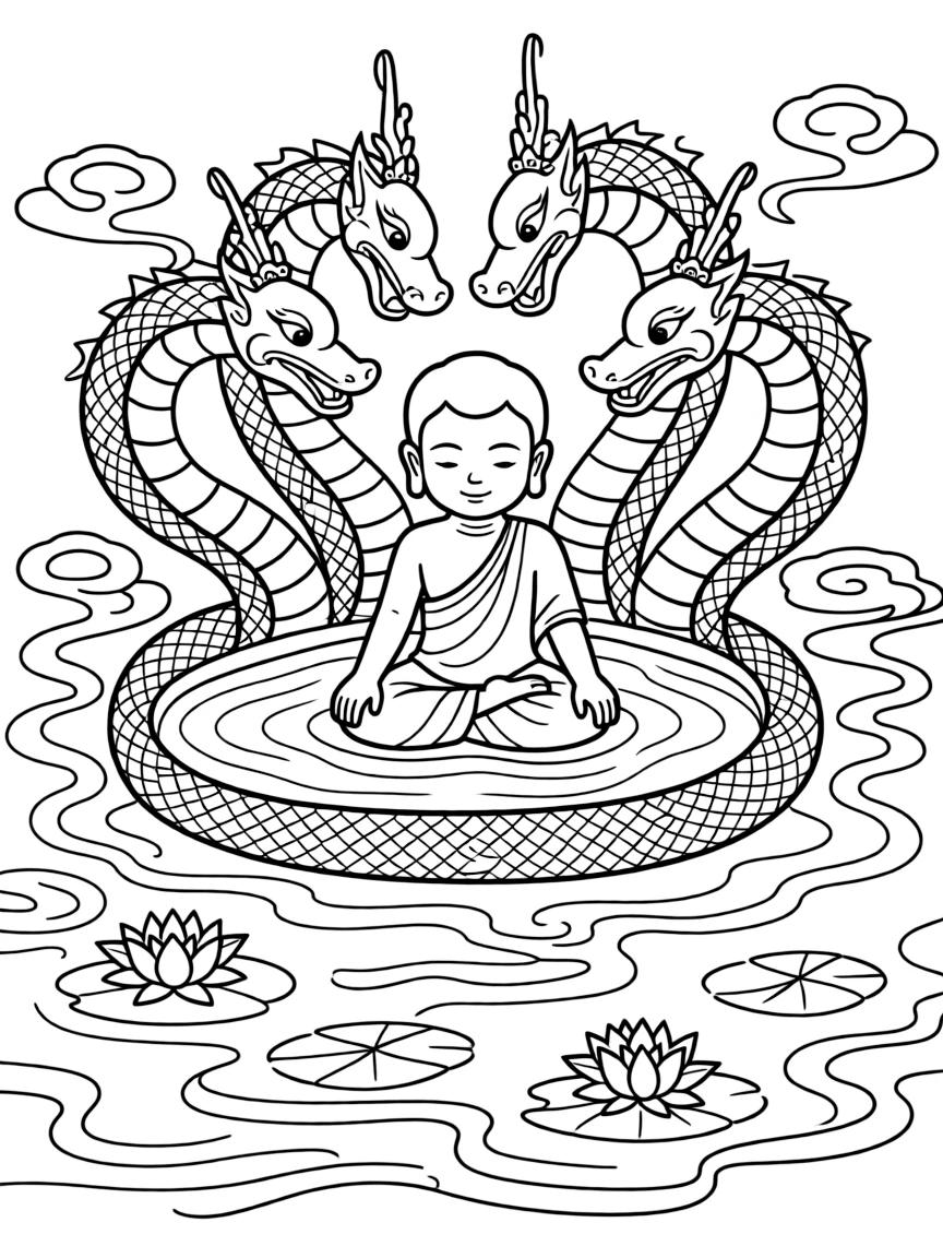 Buddha's first bath with nagas (serpent deities) and detailed water patterns