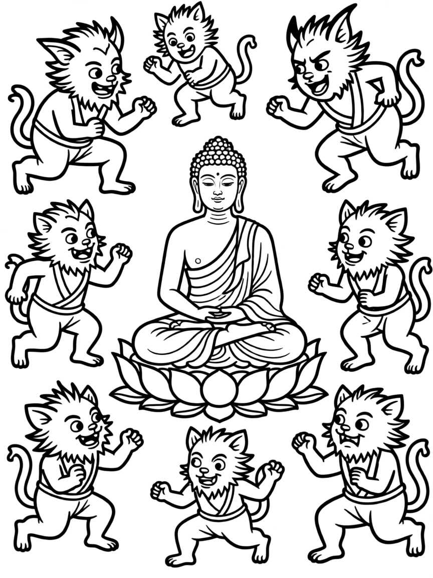Buddha overcoming demons with detailed Mara figures and temptations
