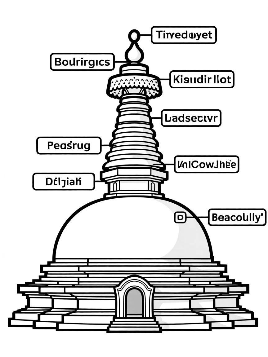 Detailed Buddhist stupa with architectural elements labeled