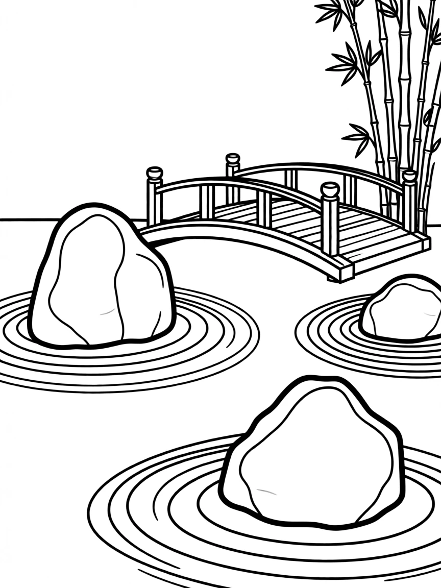 Japanese Zen garden with rock arrangements and raked sand patterns