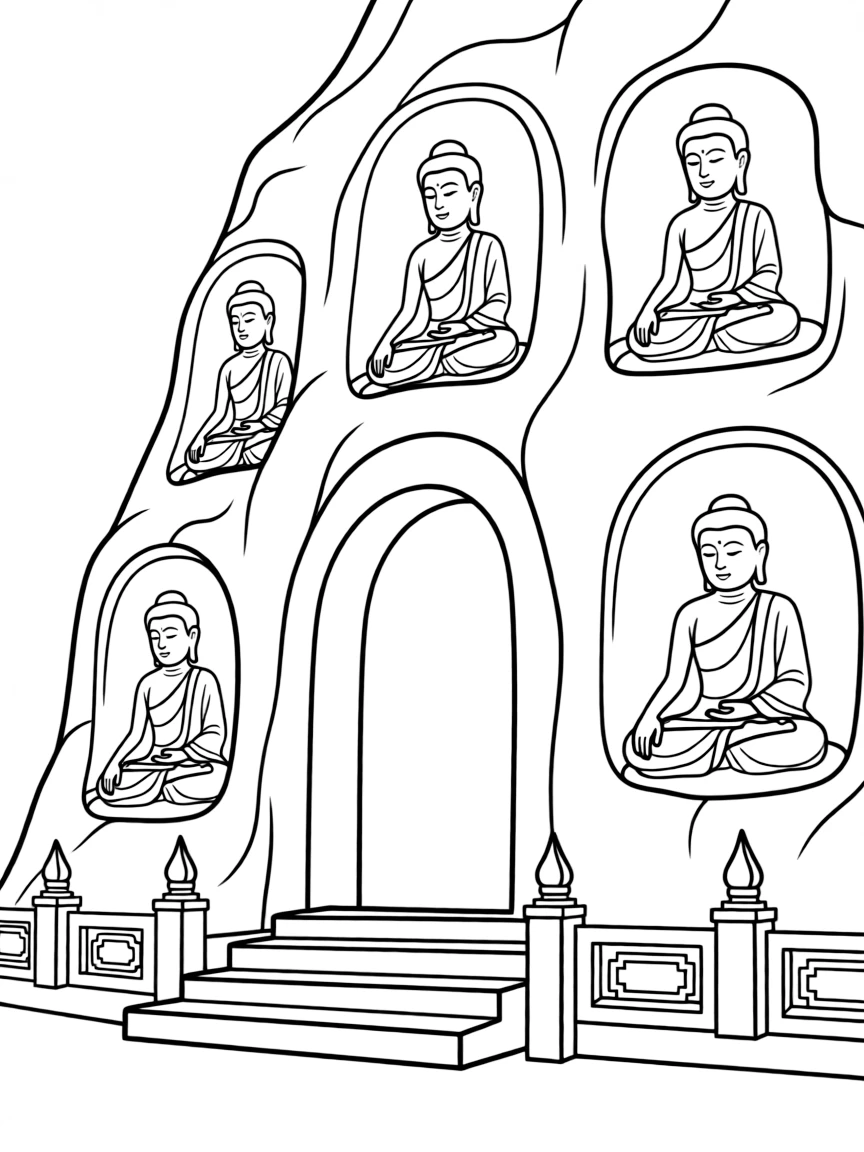 Buddhist cave temple entrance with detailed rock-cut Buddha figures
