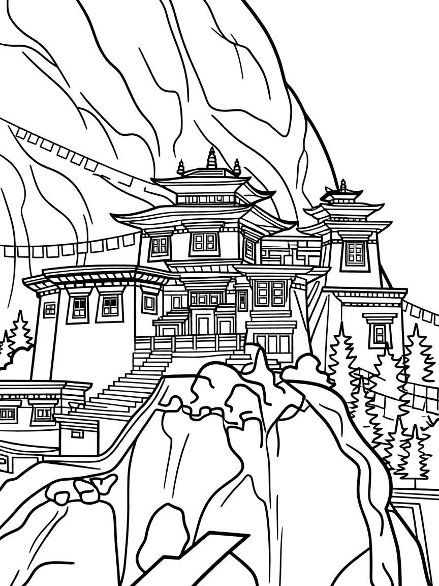 Tibetan monastery on mountainside with detailed architecture and prayer flags