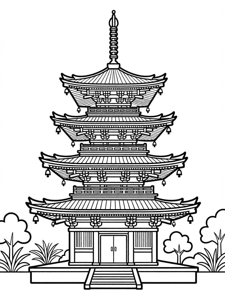 Pagoda with multiple tiers and detailed roof elements with bells