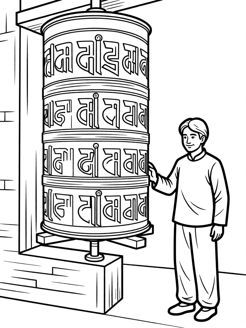 Buddhist prayer wheel wall with detailed mechanism and mantras