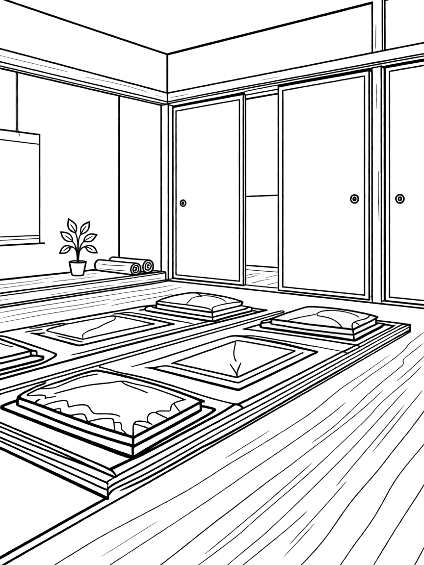 Zen meditation hall with mat arrangements and minimalist design