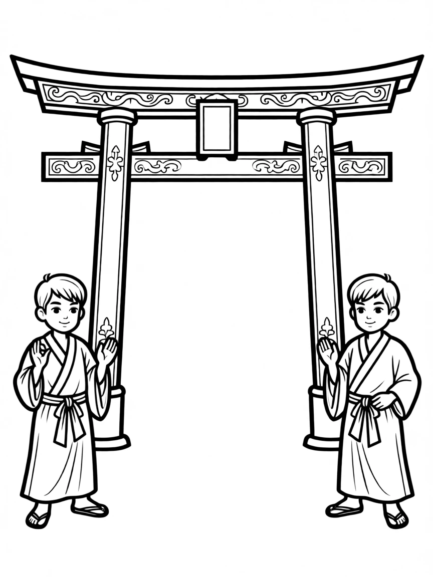 Buddhist temple gate (torii) with guardian figures and detailed carvings