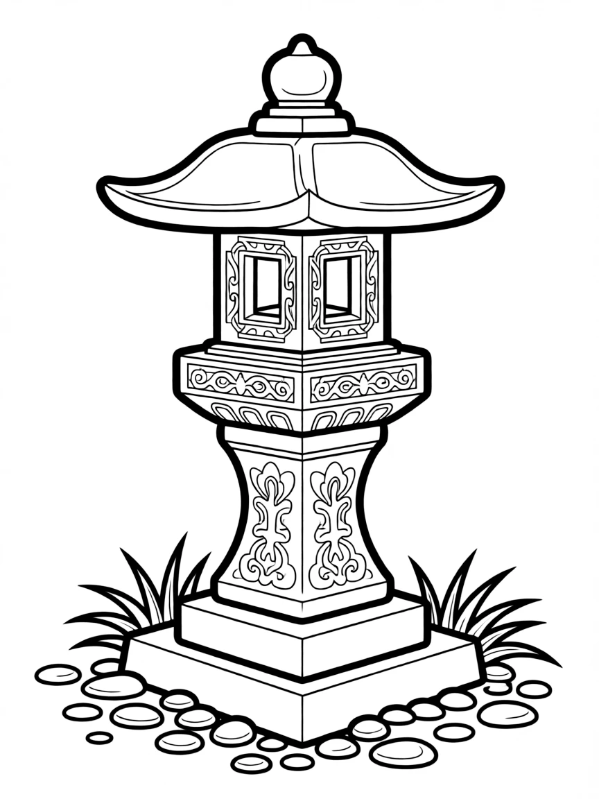 Stone lantern from Japanese Buddhist garden with detailed carving