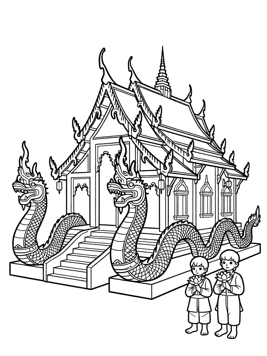 Wat temple with characteristic Thai architectural elements and nagas