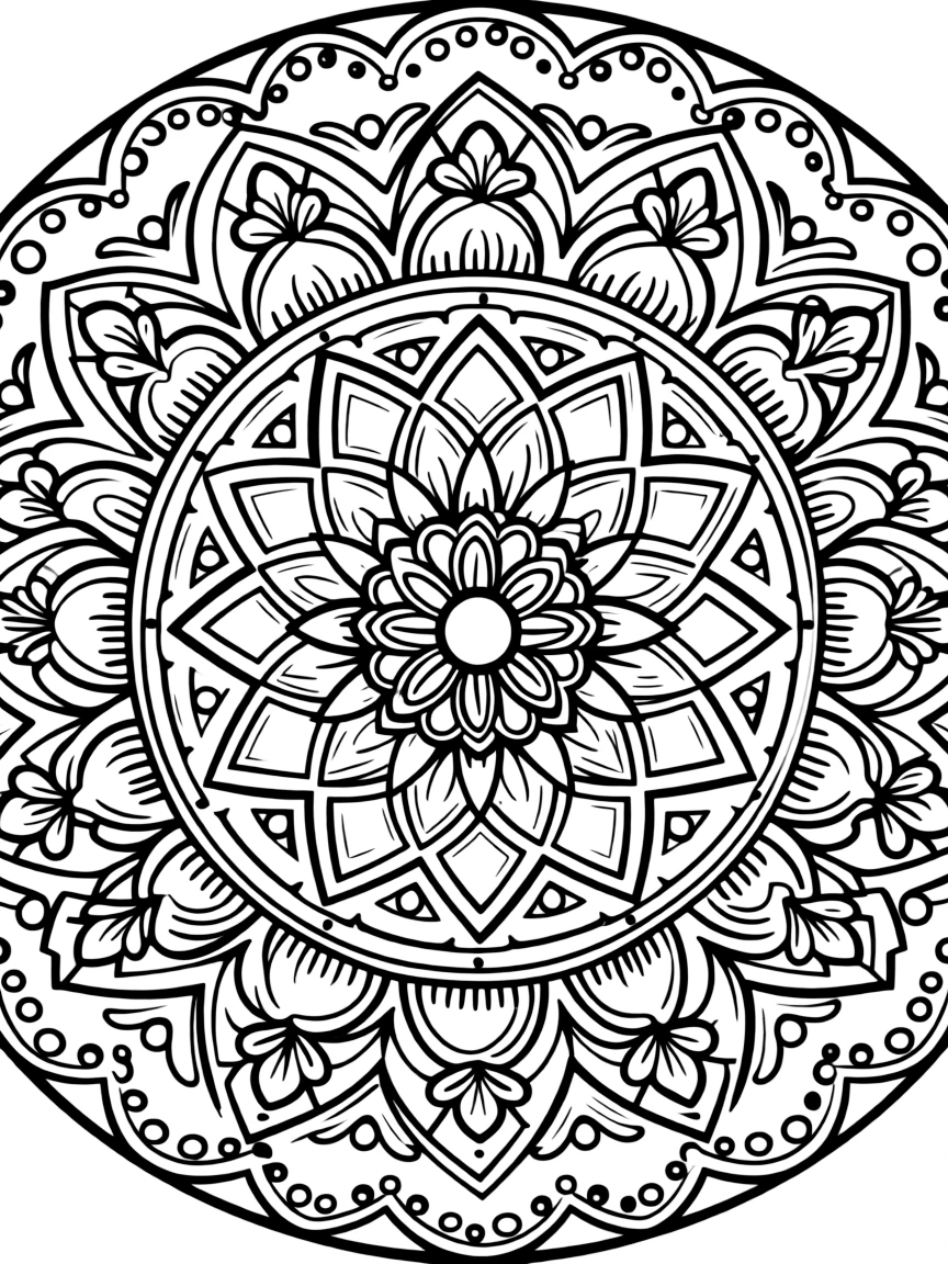 Sand mandala design with spaces for detailed coloring