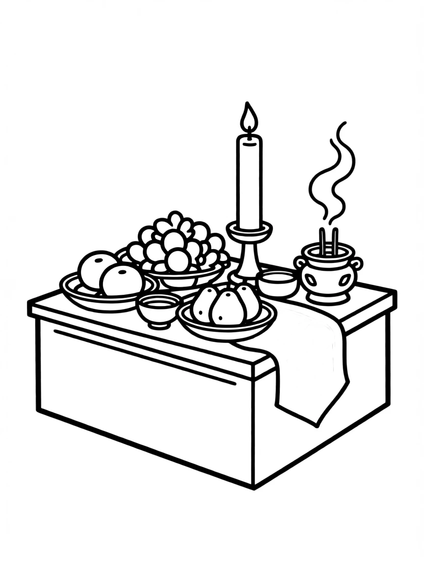 Buddhist ceremonial altar with offering arrangements and ritual items