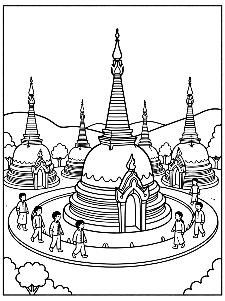 Buddhist pilgrimage site with stupas and circumambulation path