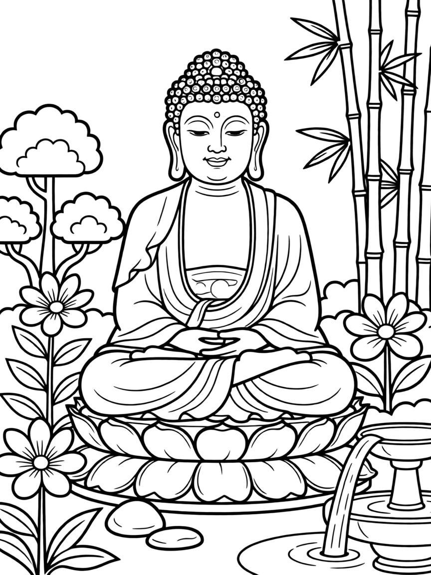 Garden Buddha statue with detailed surrounding landscaping elements