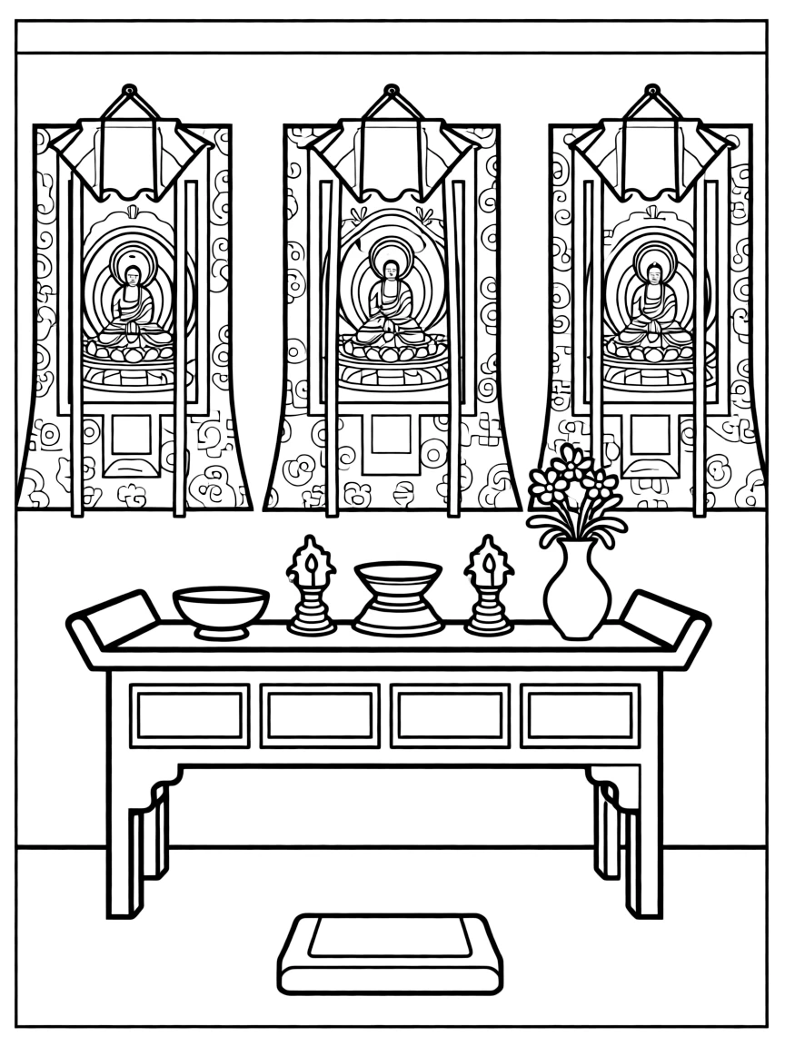 Buddhist shrine room with detailed altar arrangement and thangkas
