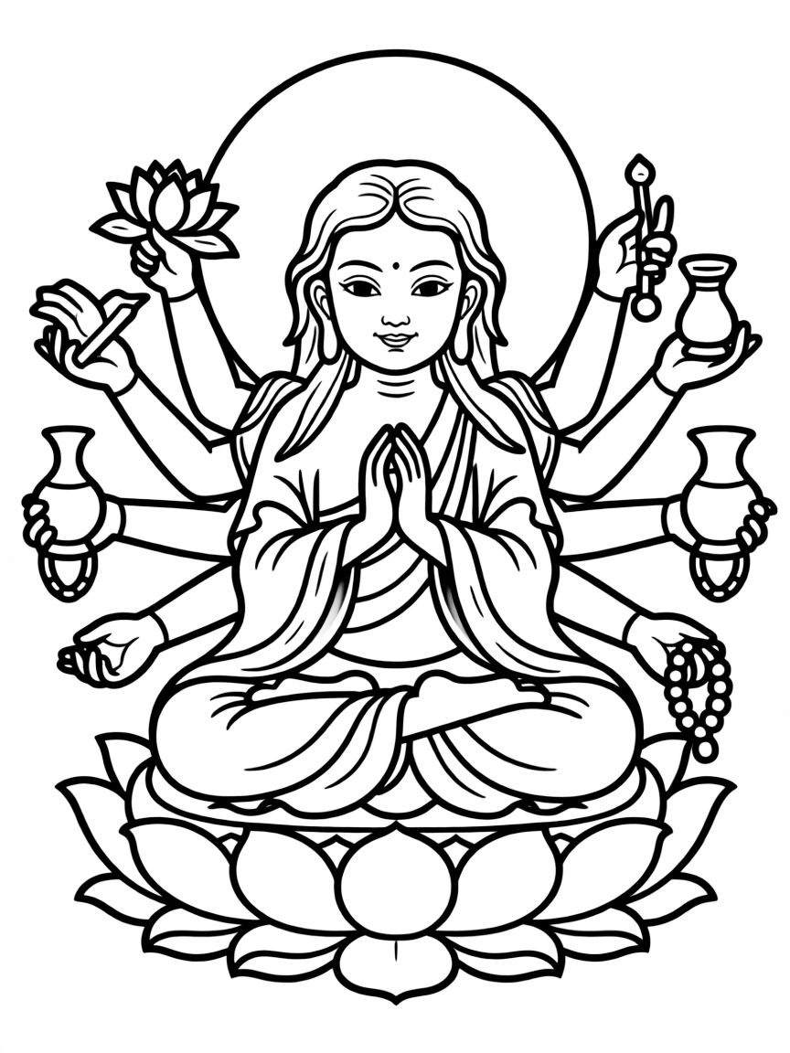 Avalokiteshvara with multiple arms and compassionate expression