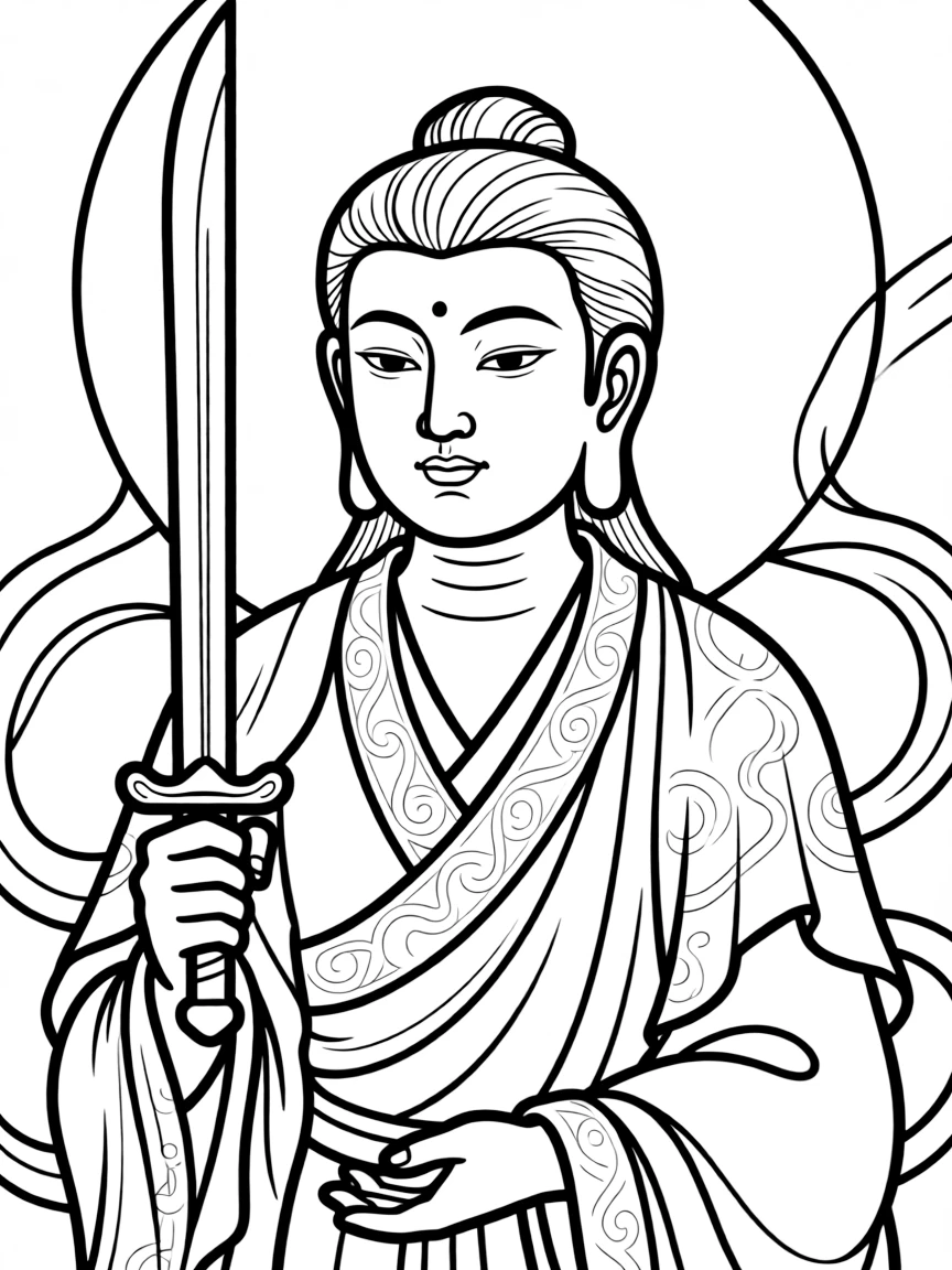 Manjushri with wisdom sword and detailed peaceful countenance