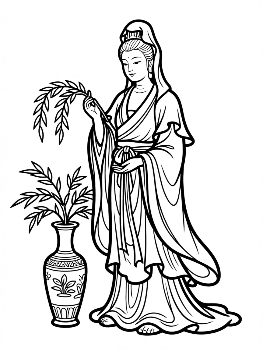 Kuan Yin with willow branch, vase and detailed flowing robes