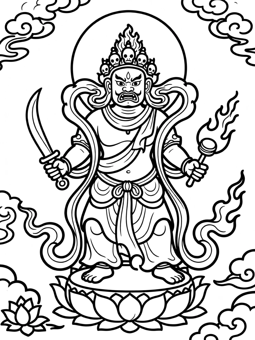 Tibetan wrathful deity with detailed ritual implements and symbolic elements