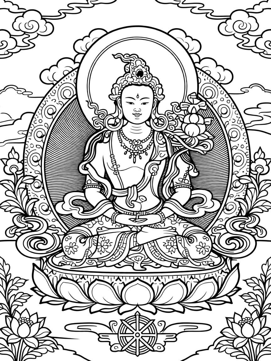 Tibetan thangka-style deity with detailed iconographic elements