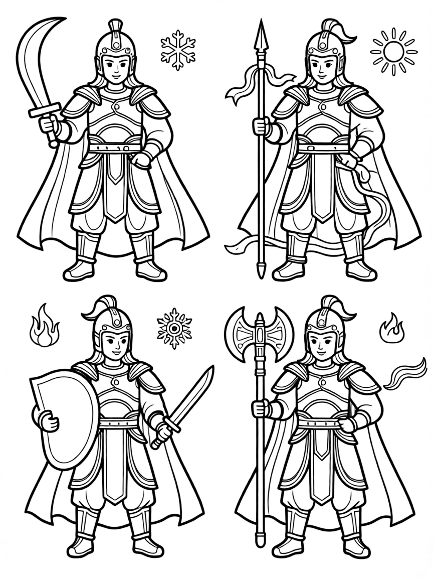 Guardian kings of the four directions with distinctive features and weapons