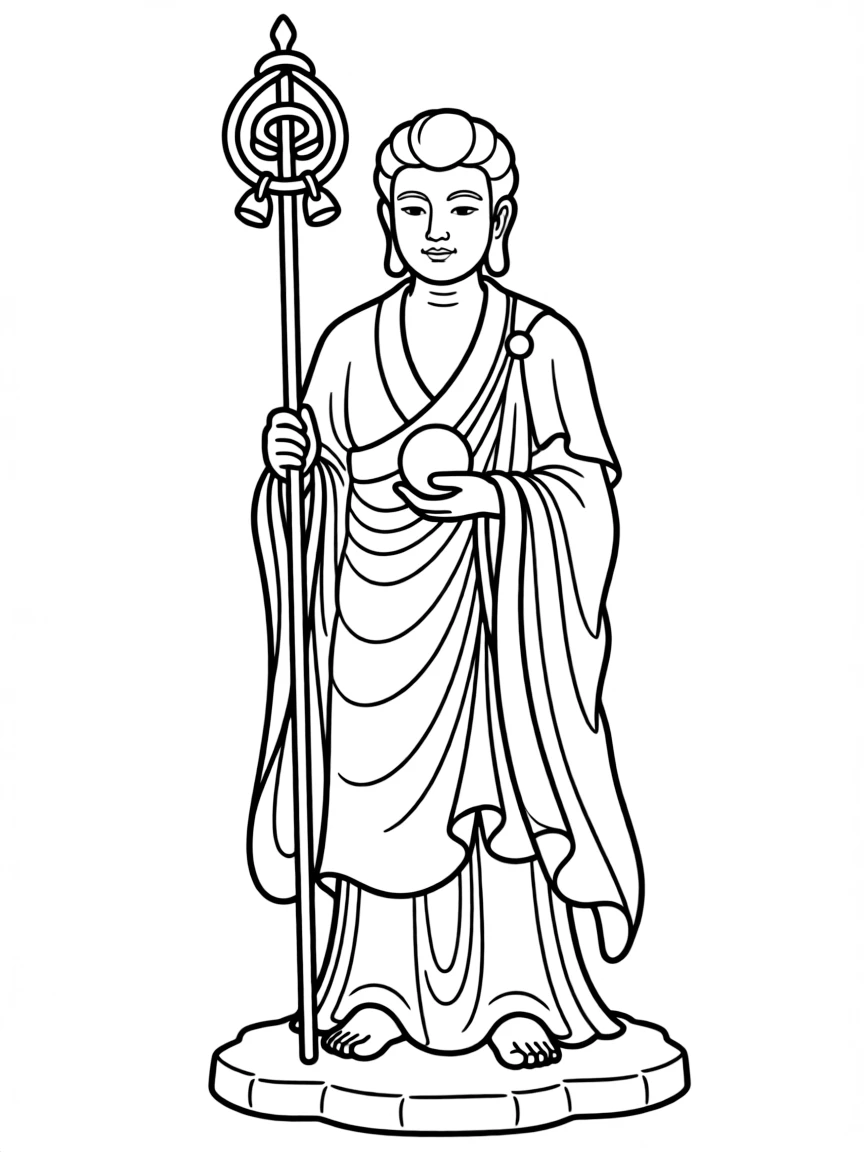 Jizo Bodhisattva with staff and jewel with detailed monk's robes