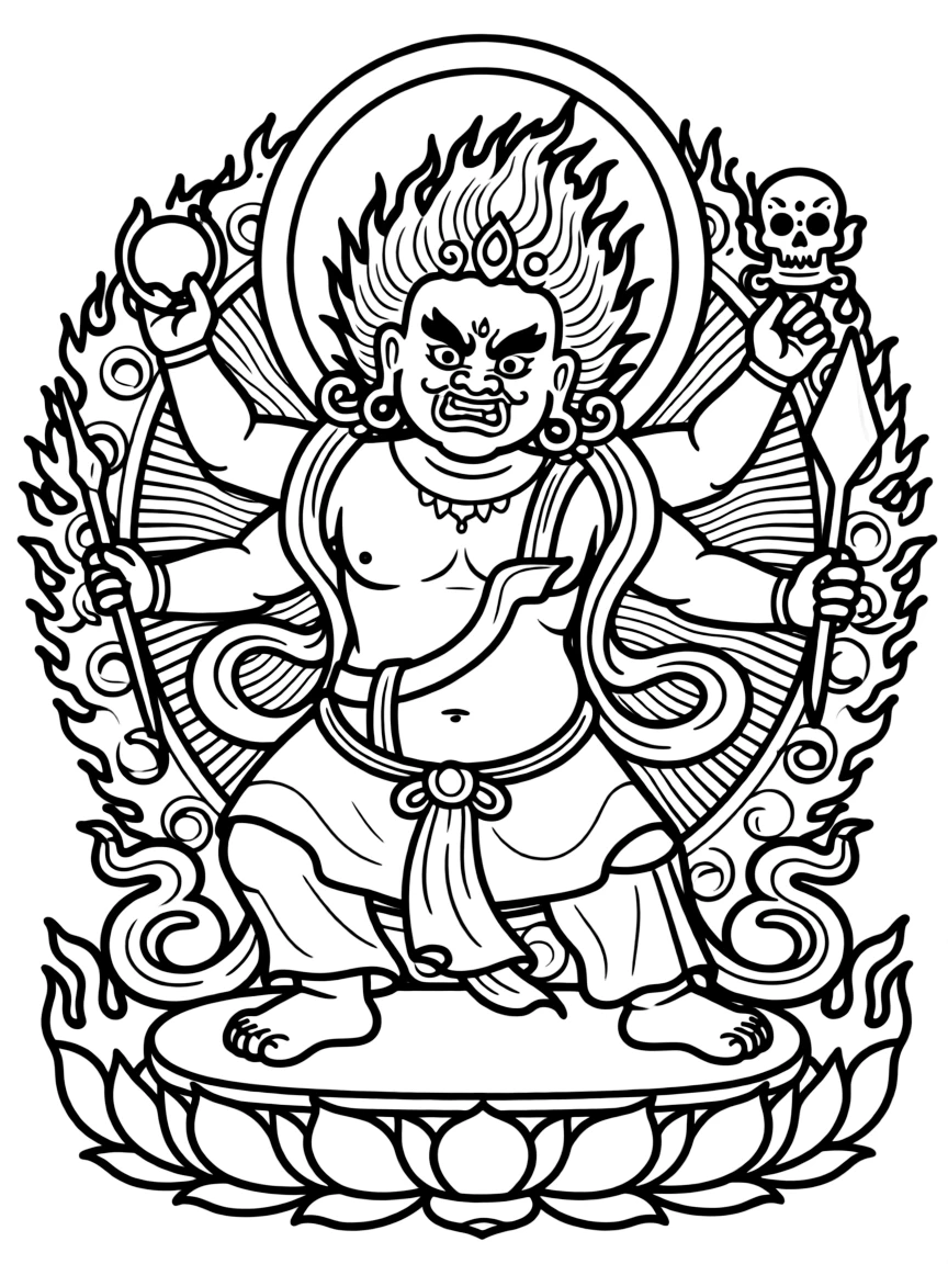 Four-armed Mahakala with detailed wrathful elements and protector symbols
