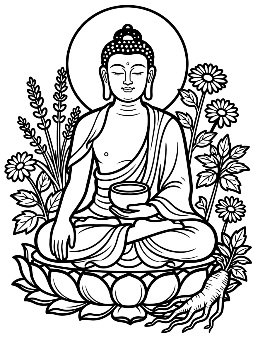 Medicine Buddha with healing bowl and detailed medicinal plants