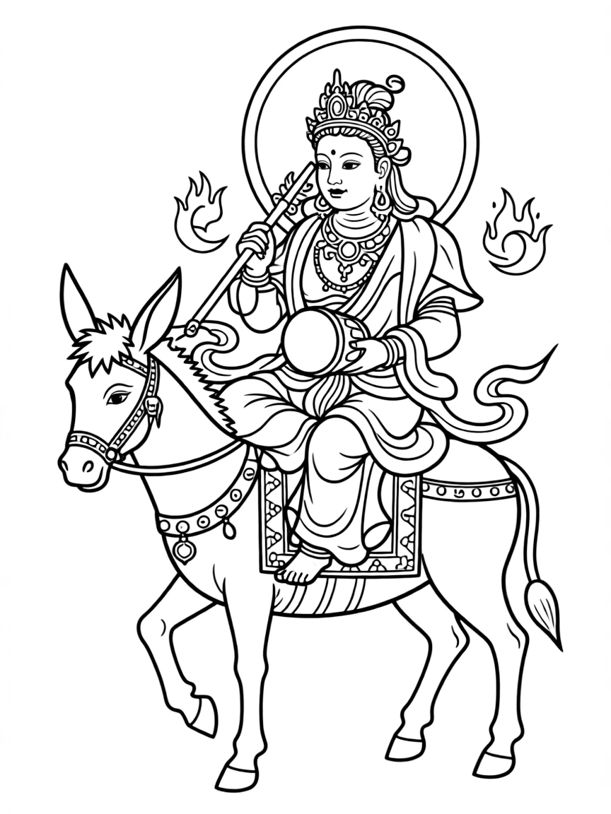 Palden Lhamo protective deity riding mule with detailed attributes
