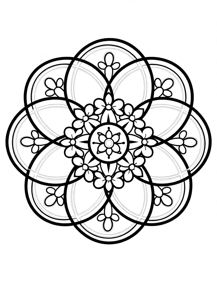 Six-fold symmetry pattern with overlapping circles creating floral effect