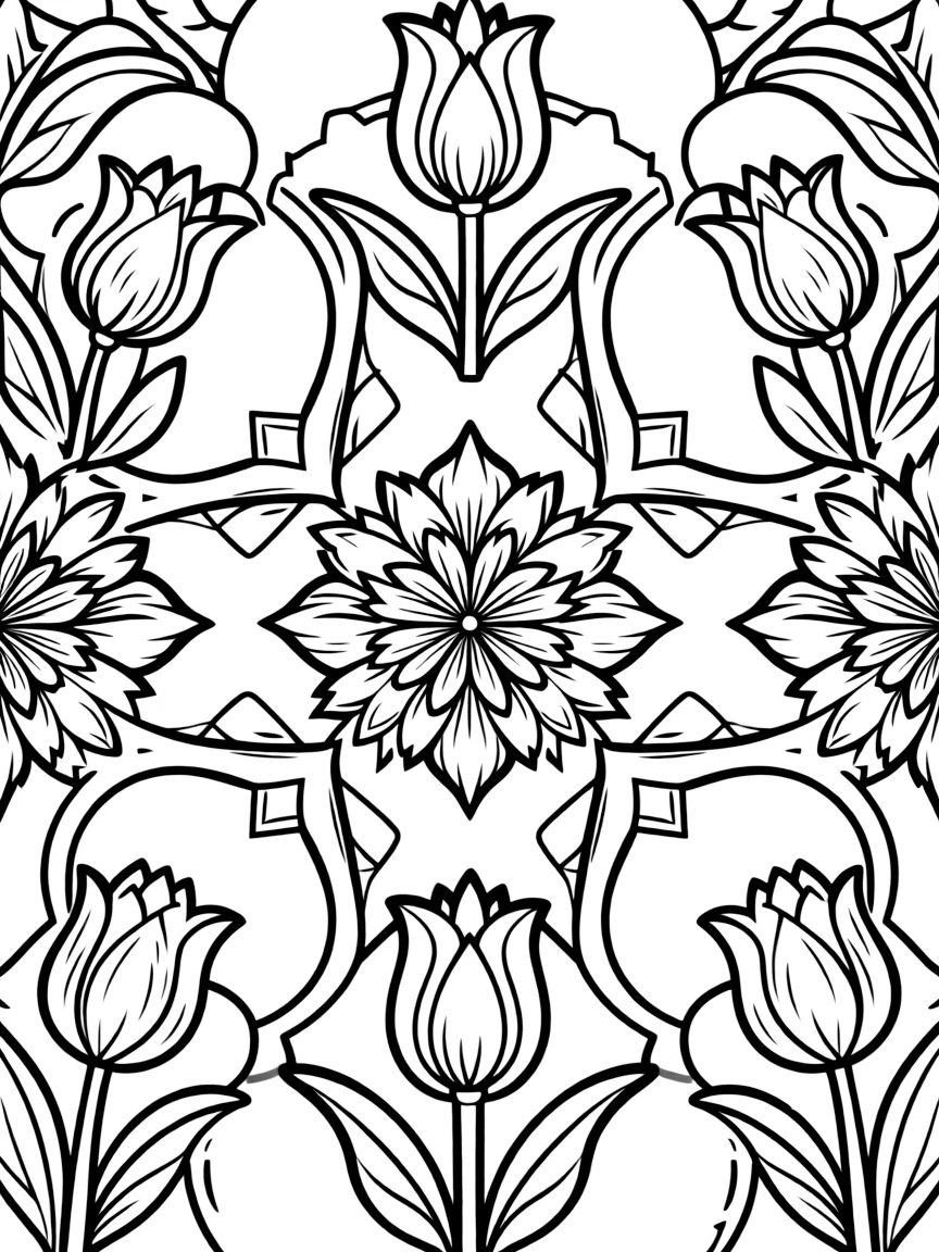 Turkish Iznik-style pattern with tulip and carnation geometrization