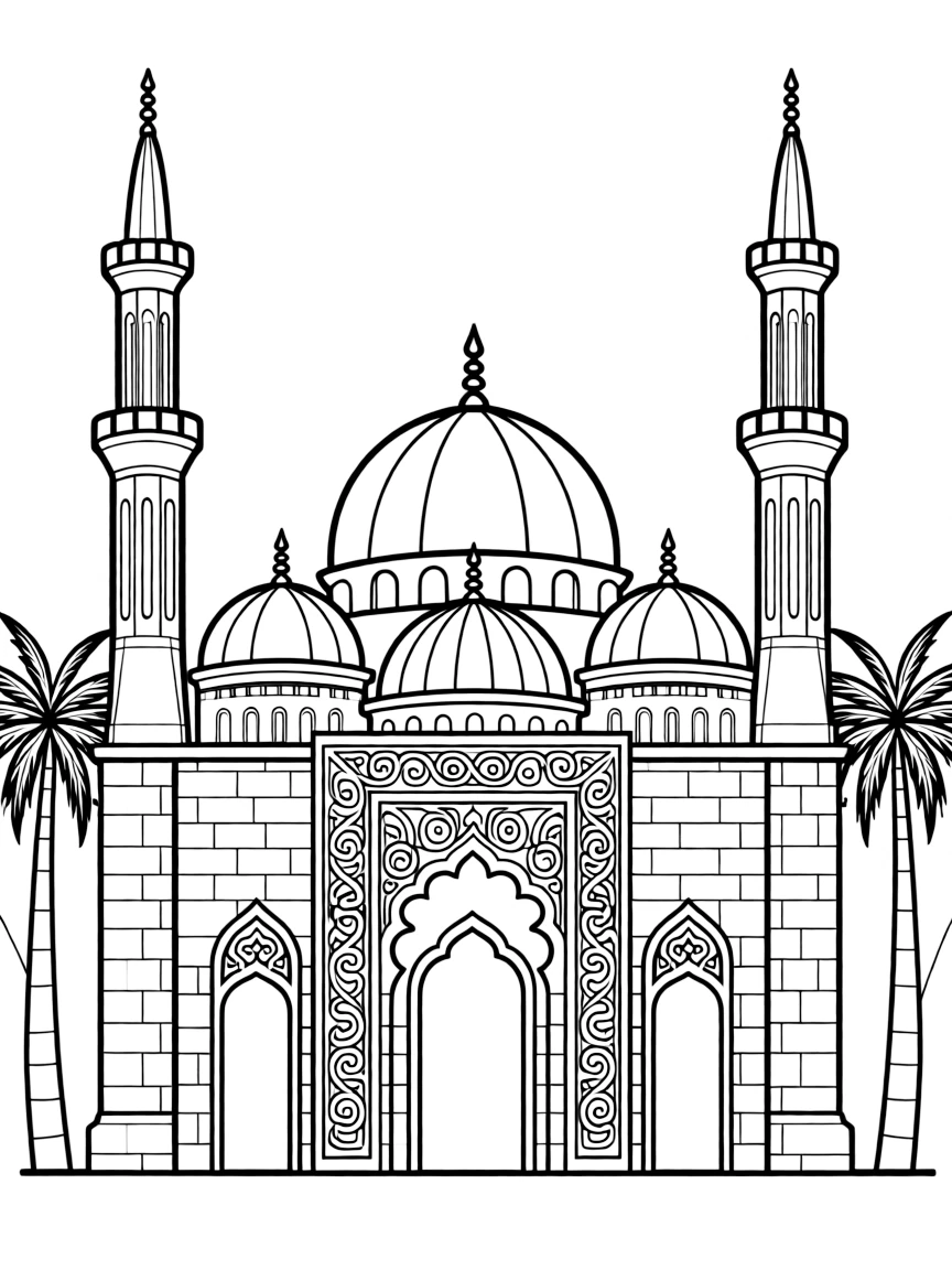 Detailed mosque facade with domes, minarets and arabesque decoration