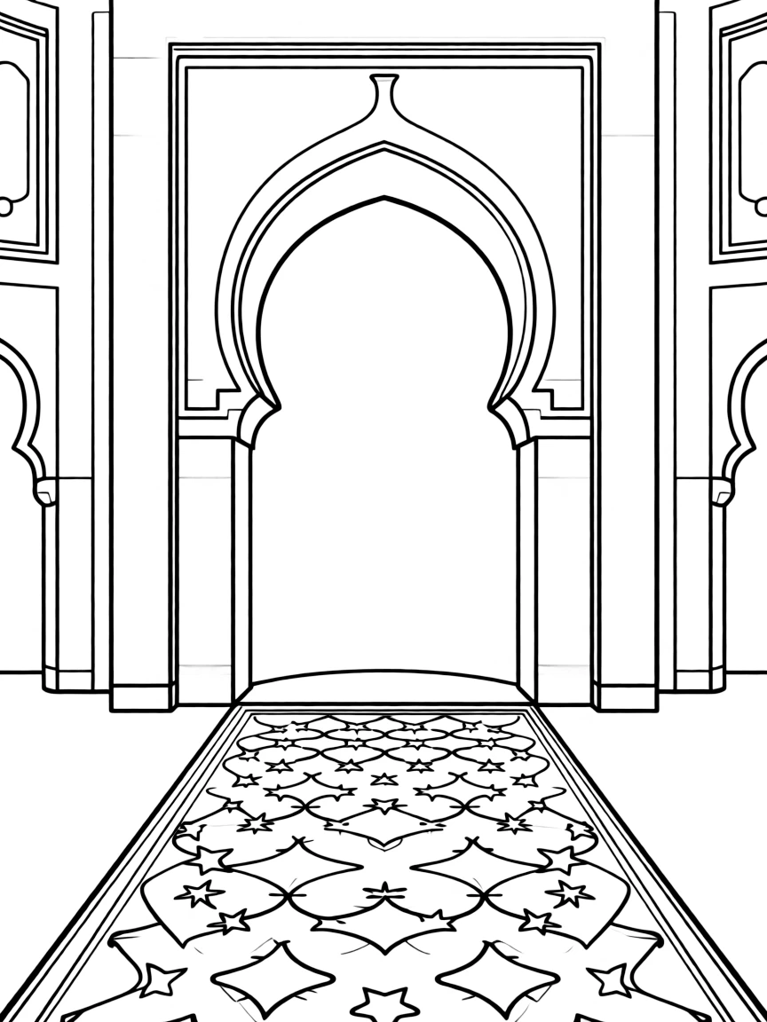 Prayer hall interior with arched mihrab and detailed carpet patterns