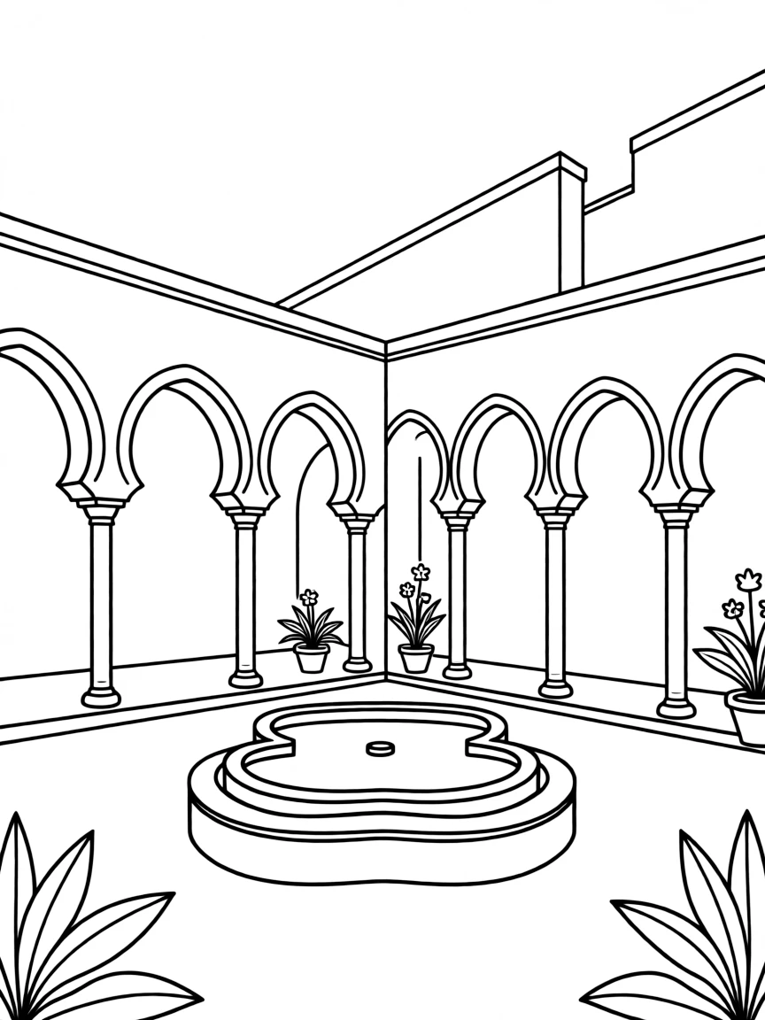 Courtyard mosque with ablution fountain and arched walkways