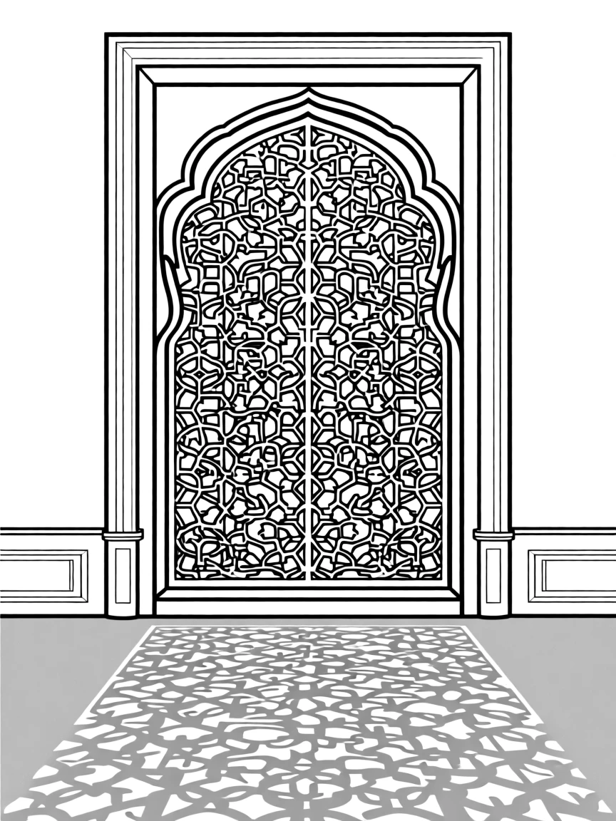 Arabesque window screen casting patterned shadows on floor