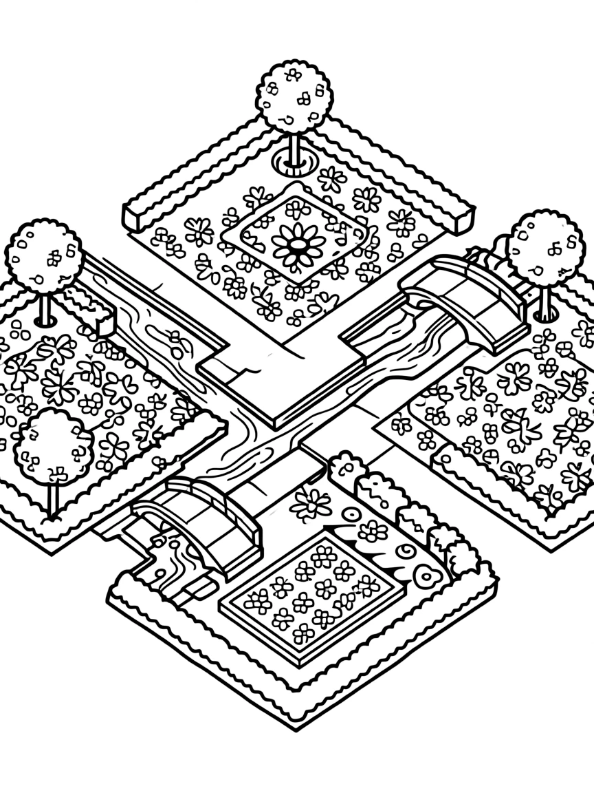 Traditional Islamic garden with four-quadrant design and water channels
