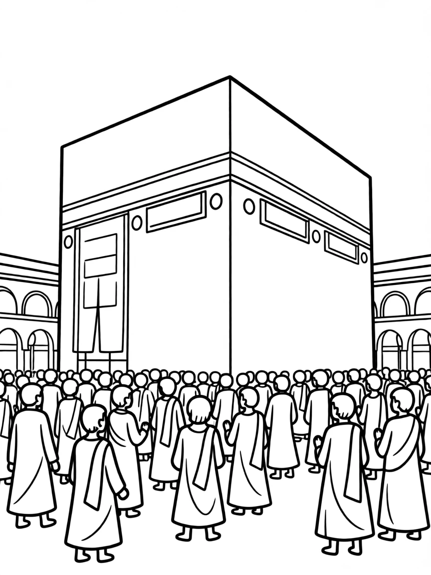 Kaaba in Mecca with detailed architecture and surrounding pilgrims