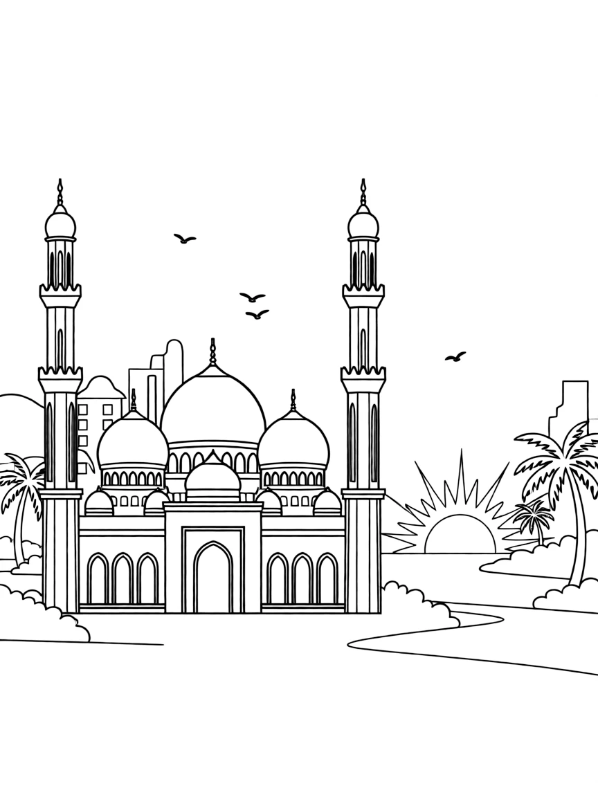 Mosque silhouette at sunset with detailed skyline elements