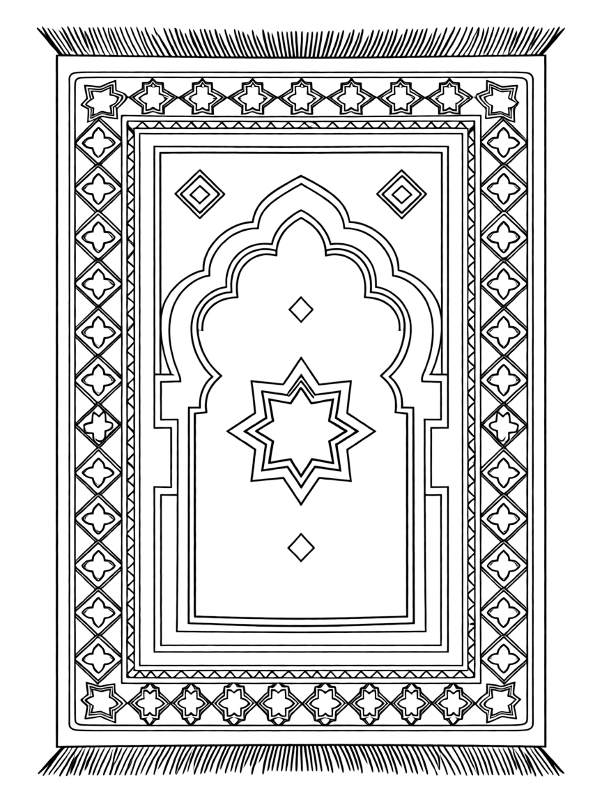 Prayer carpet with detailed mihrab design and geometric border