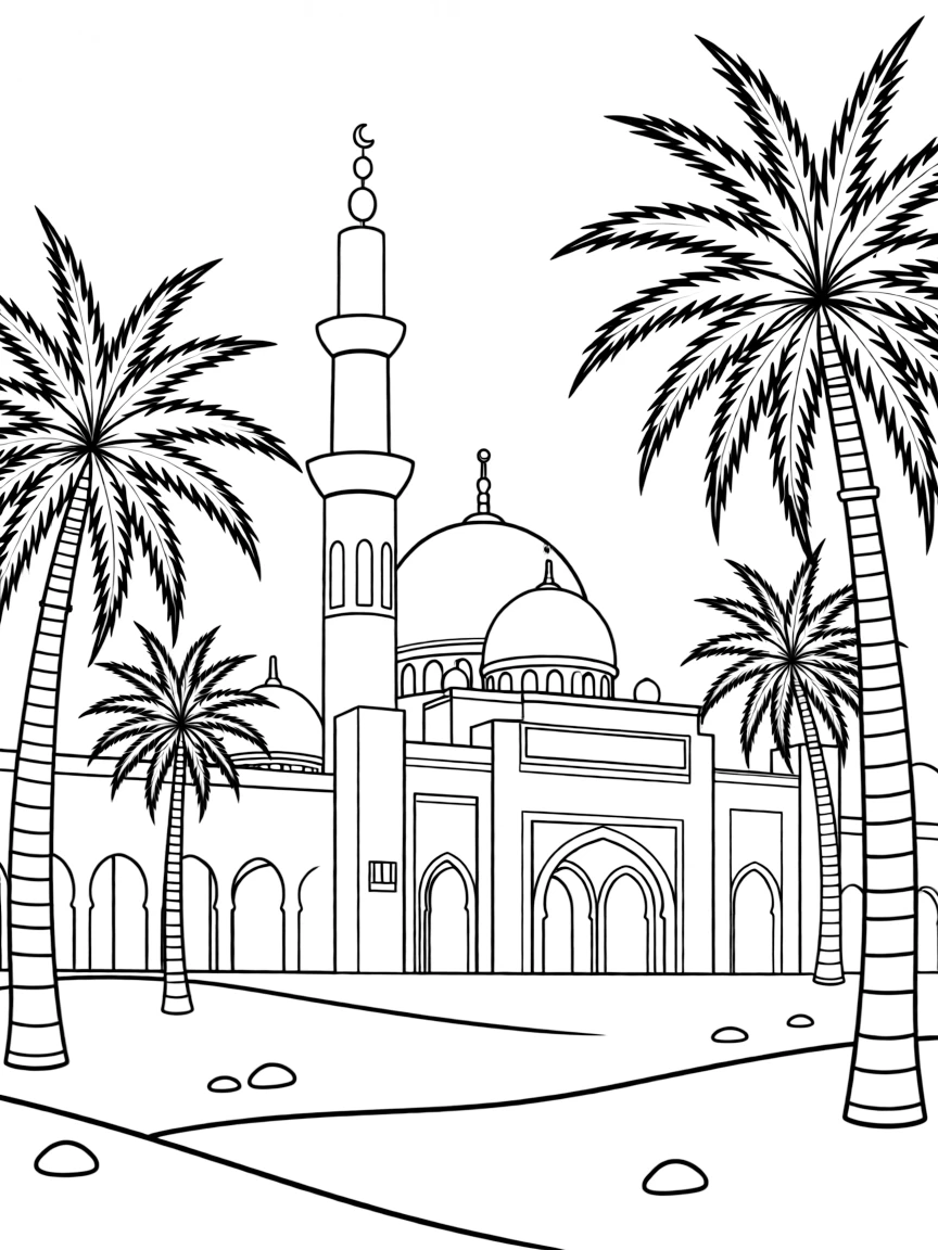 Desert mosque with palm trees and characteristic architecture