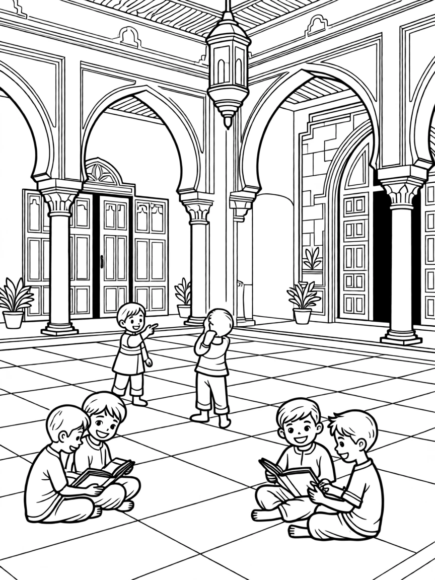 Madrasah courtyard with students and detailed architectural elements