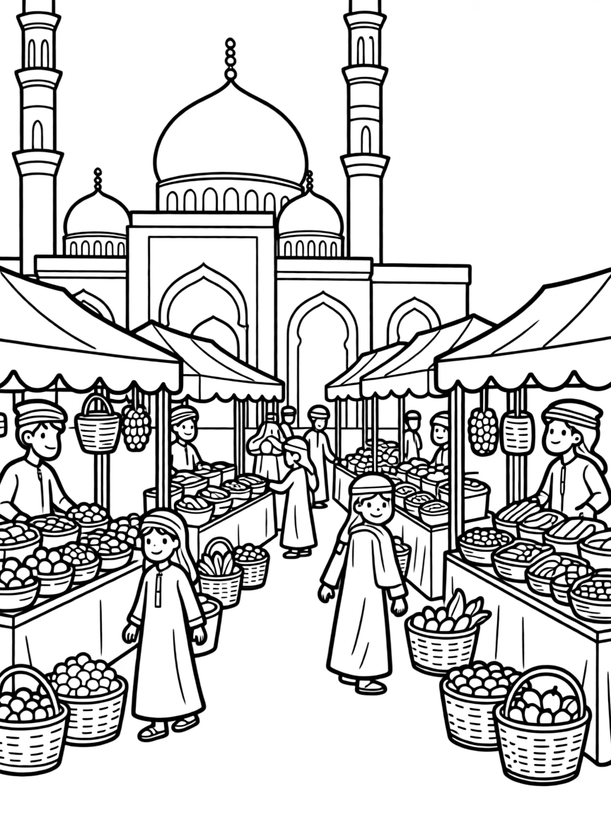 Islamic market scene with detailed stalls and architectural backdrop