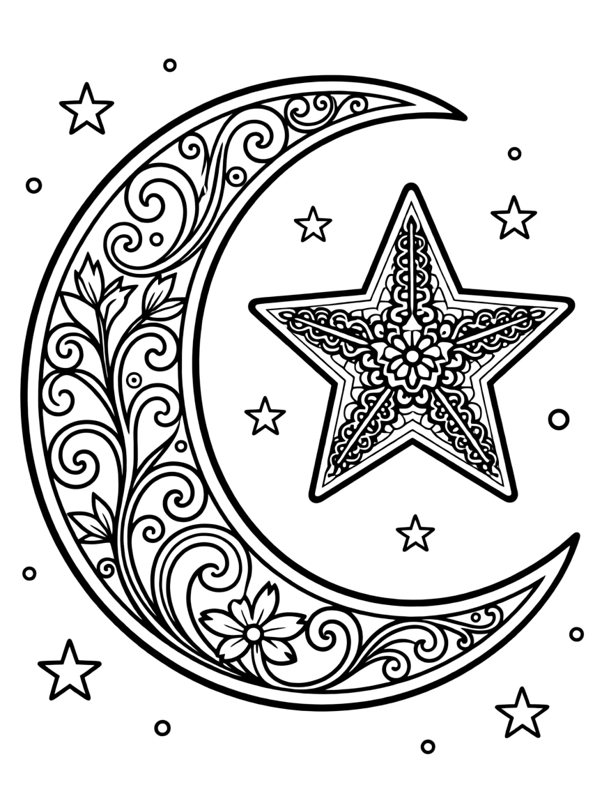 Crescent moon and star with detailed filigree embellishment