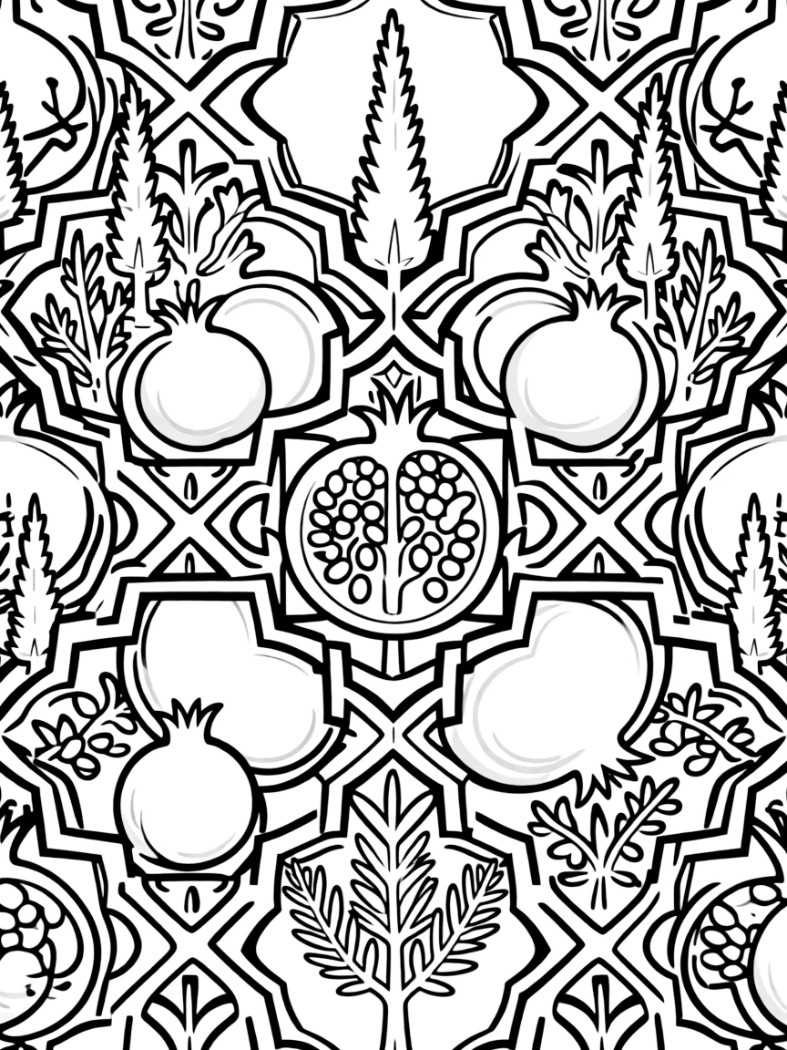 Islamic tile design with pomegranate and cypress motifs