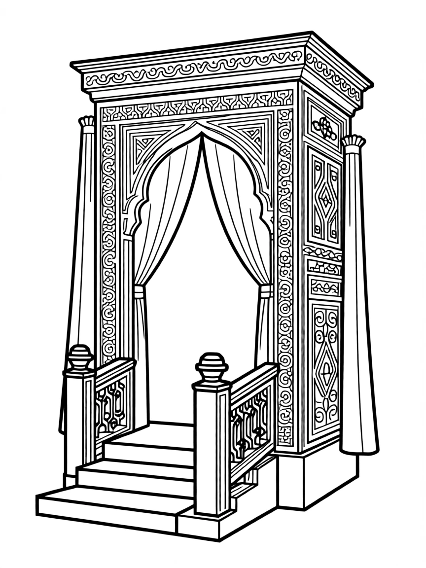 Menbar (pulpit) with detailed woodwork and symbolic elements