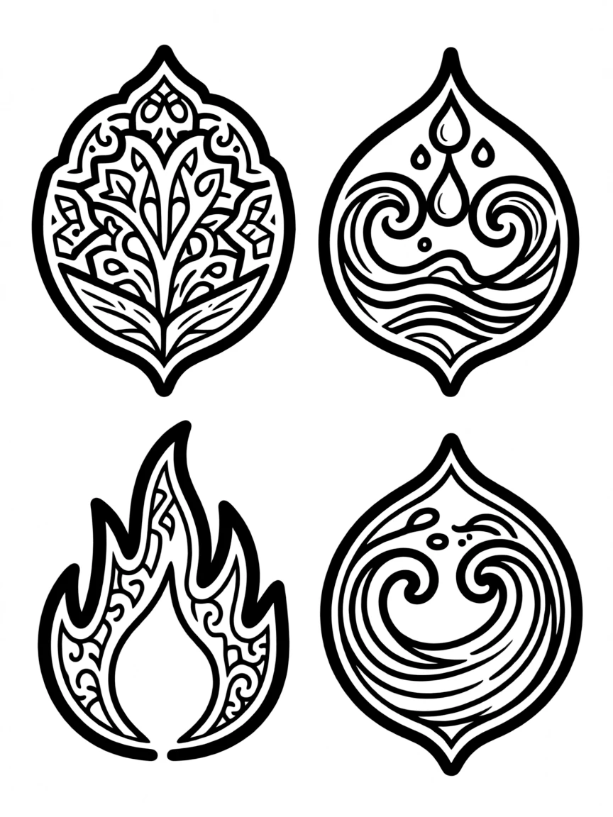 Four elements symbols in Islamic decorative style