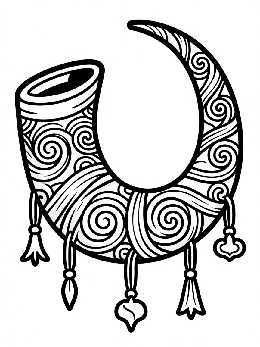 Shofar with detailed spiral pattern and ritual decorations