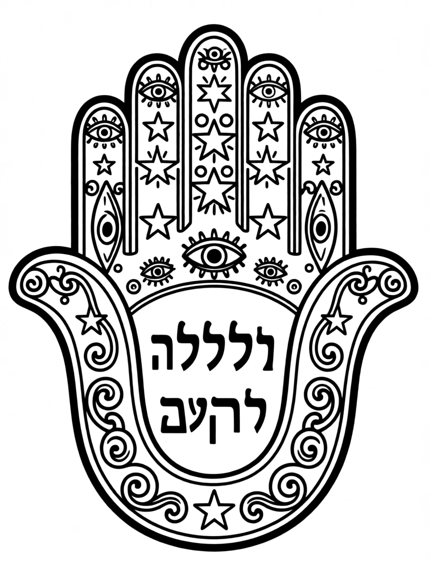 Hamsa hand with detailed protective symbols and Hebrew text